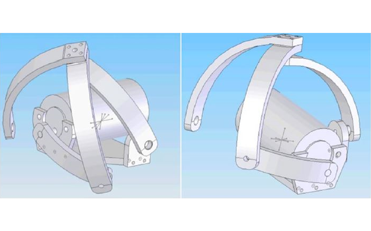 Two views of the solidworks model for the spherical mechanism flapping device