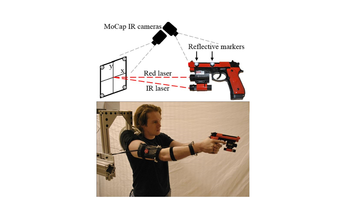 Illustration of the test setup (top) and image of a subject in MAXFAS with airsoft pistol (bottom) maxfas