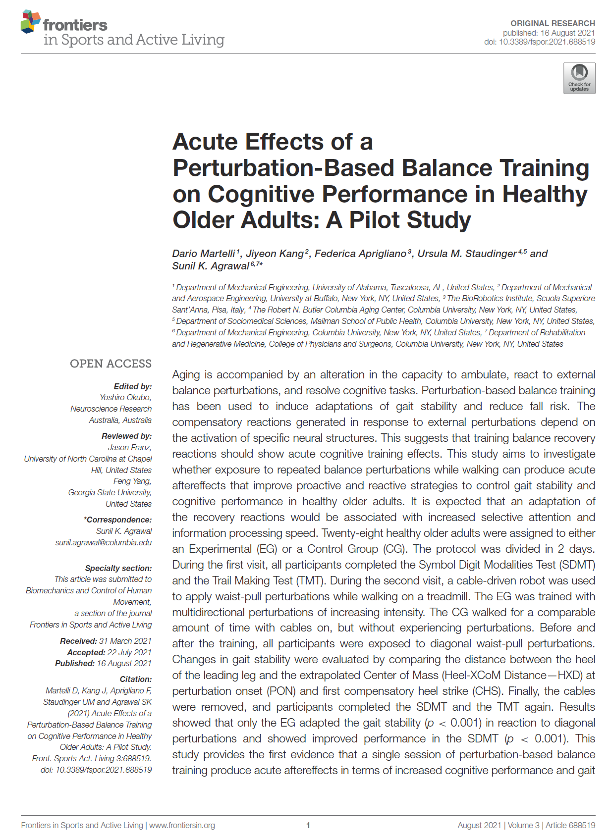 Perturbation-based balance training improves cognition in older adults.
