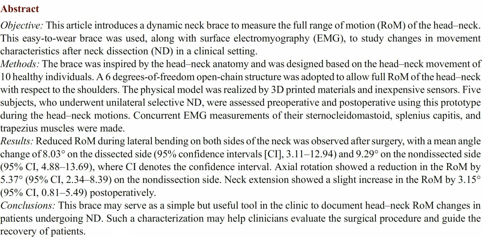 The novel neck brace is a useful tool to document head-neck RoM changes in patients undergoing ND.