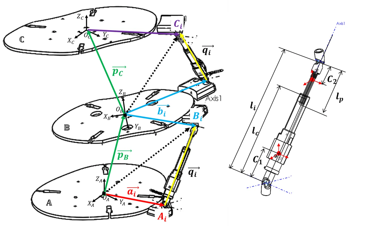 Left: Schematic of RoSE, with coordinate frames for each ring. Right: Schematic of linear actuator used in RoSE